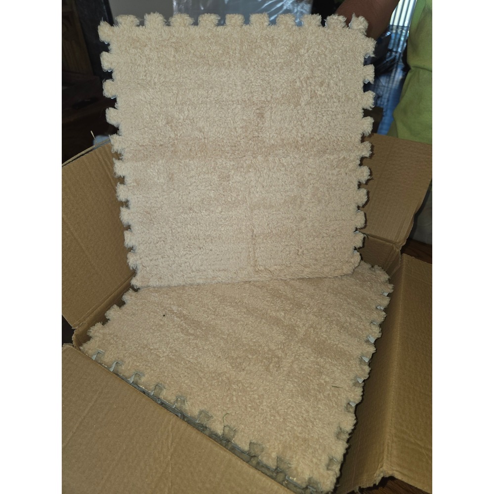 Plush Interlocking Foam Floor Mats Beige Fuzzy Shaggy Puzzle Tiles 12x12 16 Pack